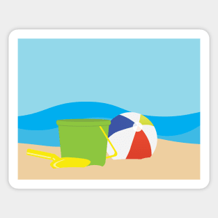 Green toy bucket, Yellow shavel and beach ball on Brown sand and Blue sea background Sticker